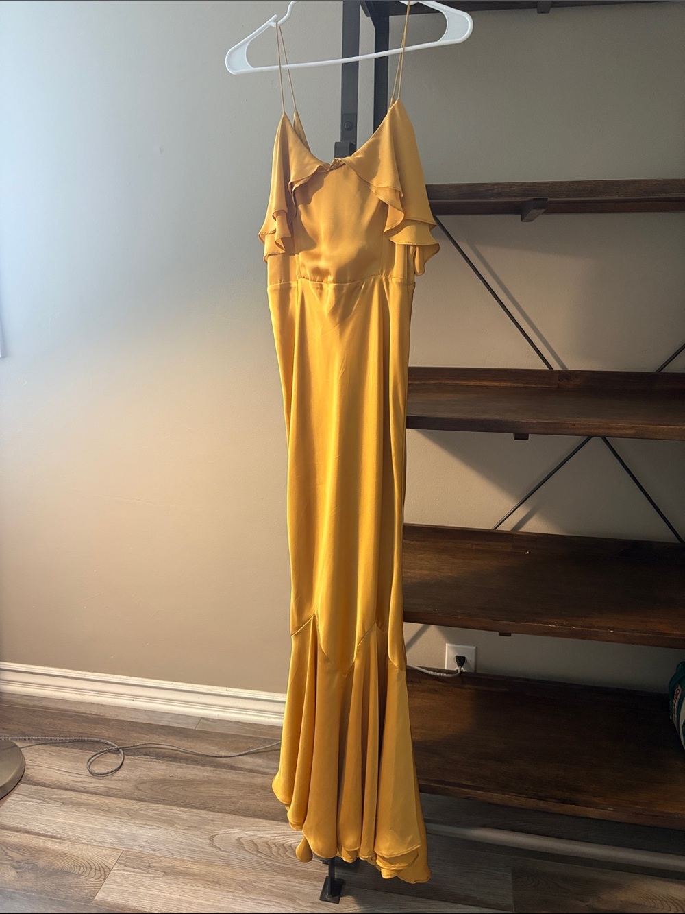 ASOS Mustard Yellow Satin Maxi Slip Dress with Ruffle Trim